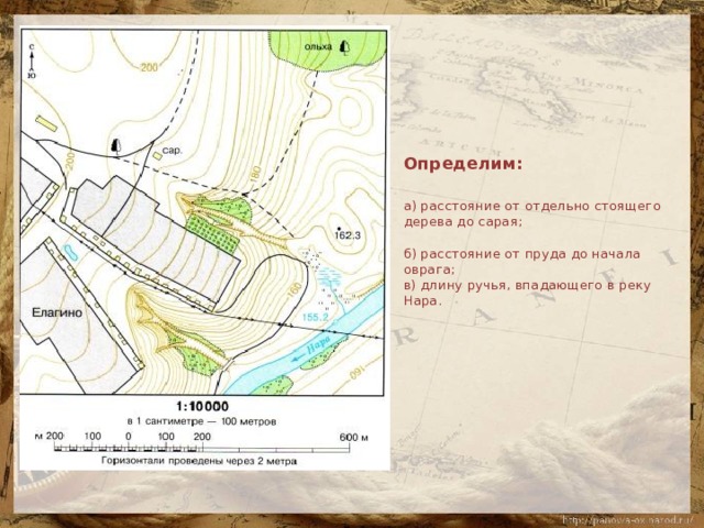 Определим:   а) расстояние от отдельно стоящего дерева до сарая;   б) расстояние от пруда до начала оврага;  в) длину ручья, впадающего в реку Нара.   
