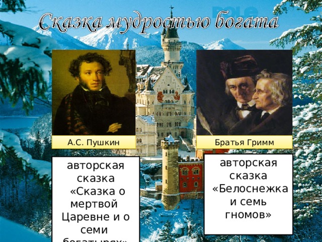 А.С. Пушкин Братья Гримм авторская сказка  «Белоснежка и семь гномов» авторская сказка  «Сказка о мертвой Царевне и о семи богатырях» 