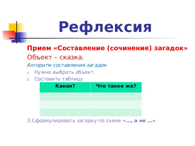 Рефлексия Прием «Составление (сочинение) загадок» Объект – сказка. Алгоритм составления загадок Нужно выбрать объект. Составить таблицу         3.Сформулировать загадку по схеме «…, а не …» . Какая? Что такое же? 