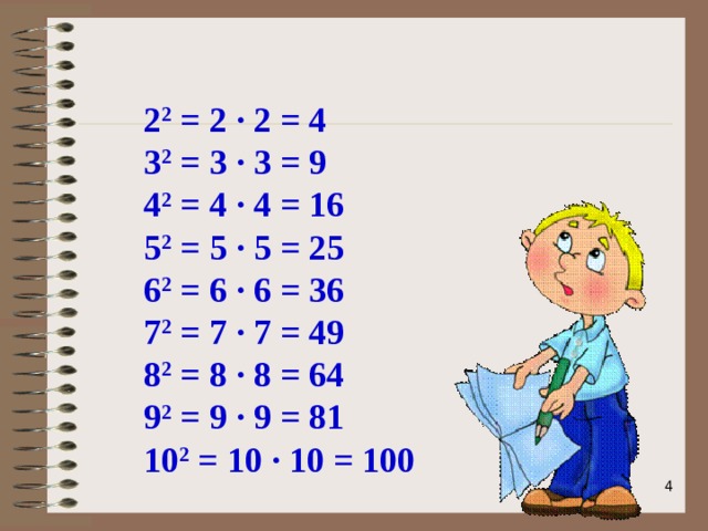 2 2 = 2 ∙ 2 = 4 3 2 = 3 ∙ 3 = 9 4 2 = 4 ∙ 4 = 16 5 2 = 5 ∙ 5 = 25 6 2 = 6 ∙ 6 = 36 7 2 = 7 ∙ 7 = 49 8 2 = 8 ∙ 8 = 64 9 2 = 9 ∙ 9 = 81 10 2 = 10 ∙ 10 = 100  