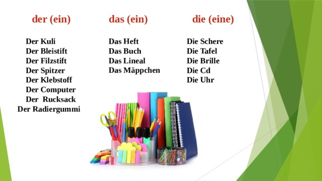  der (ein) das (ein)  die (eine)    Die Schere Das Heft  Der Kuli Die Tafel Das Buch  Der Bleistift  Der Filzstift Die Brille Das Lineal Die Cd  Der Spitzer Das Mäppchen  Die Uhr  Der Klebstoff  Der Computer   Der Rucksack   Der Radiergummi     