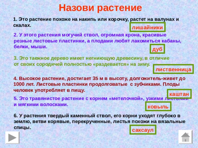 Назови растение  1. Это растение похоже на накипь или корочку, растет на валунах и  скалах. лишайники 2. У этого растения могучий ствол, огромная крона, красивые резные листовые пластинки, а плодами любят лакомиться кабаны, белки, мыши. дуб 3. Это таежное дерево имеет негниющую древесину, в отличие от своих сородичей полностью «раздевается» на зиму. лиственница 4. Высокое растение, достигает 35 м в высоту, долгожитель-живет до 1000 лет. Листовые пластинки продолговатые с зубчиками. Плоды человек употребляет в пищу. каштан 5. Это травянистое растение с корнем «метелочкой», узкими листьями и мягкими волосками. ковыль 6. У растения твердый каменный ствол, его корни уходят глубоко в землю, ветви корявые, перекрученные, листья похожи на вязальные спицы. саксаул 