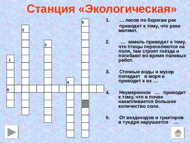 Станция «Экологическая» 1. … лесов по берегам рек  приводит к тому, что реки мелеют.  2. … земель приводит к тому, что птицы переселяются на поля, там строят гнёзда и погибают во время полевых работ.  3. Сточные воды и мусор попадает в моря и приводит к их …  4. Неумеренное … приводит к тому, что в почве накапливается большое количество соли.  5. От вездеходов и тракторов в тундре нарушается … 5 2 3 1 4 6 1.Вырубка. 2. Распахивание. 3. Загрязнение. 4. Орошение. 5. Поверхность почв. 6. Браконьерство. 12 