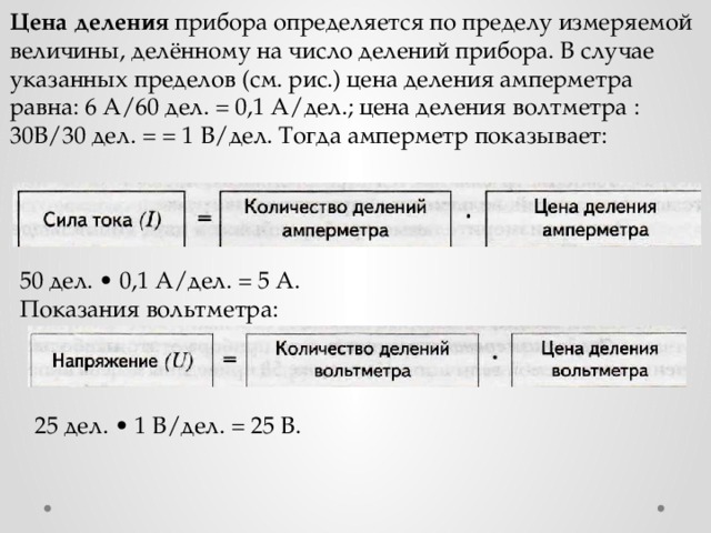 Цена деления прибора определяется по пределу измеряемой величины, делённому на число делений прибора. В случае указанных пределов (см. рис.) цена деления амперметра равна: 6 А/60 дел. = 0,1 А/дел.; цена деления волтметра : 30В/30 дел. = = 1 В/дел. Тогда амперметр показывает: 50 дел. • 0,1 А/дел. = 5 А. Показания вольтметра: 25 дел. • 1 В/дел. = 25 В. 