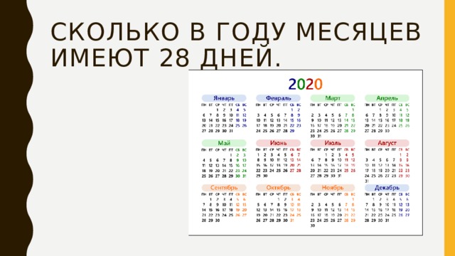 Месяцев в году имеют 28 дней