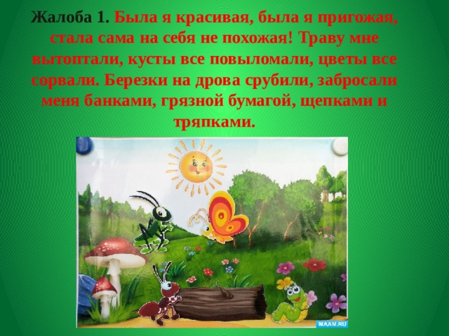 Жалоба 1. Была я красивая, была я пригожая, стала сама на себя не похожая! Траву мне вытоптали, кусты все повыломали, цветы все сорвали. Березки на дрова срубили, забросали меня банками, грязной бумагой, щепками и тряпками.   
