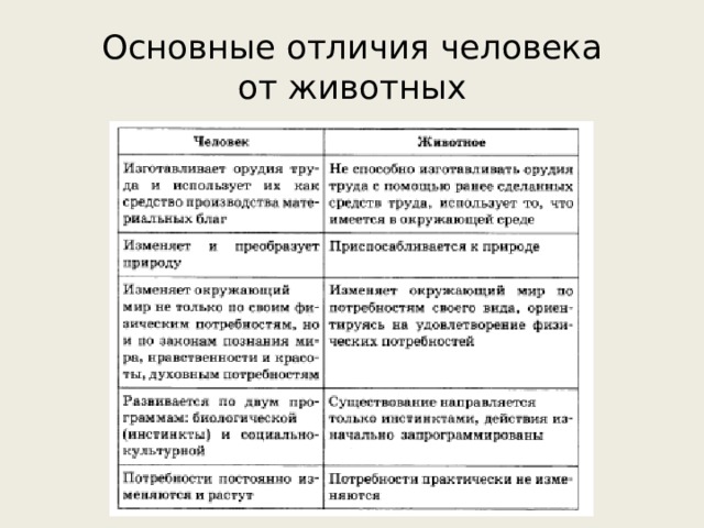 Основные отличия человека  от животных 