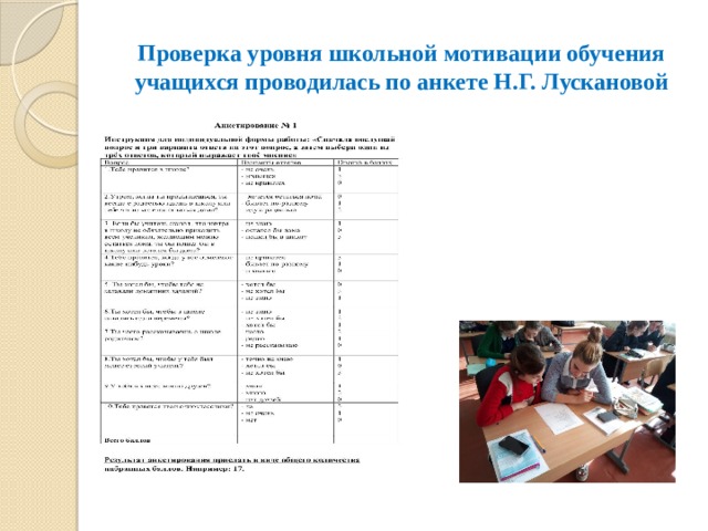 Проверка уровня школьной мотивации обучения учащихся проводилась по анкете Н.Г. Лускановой 