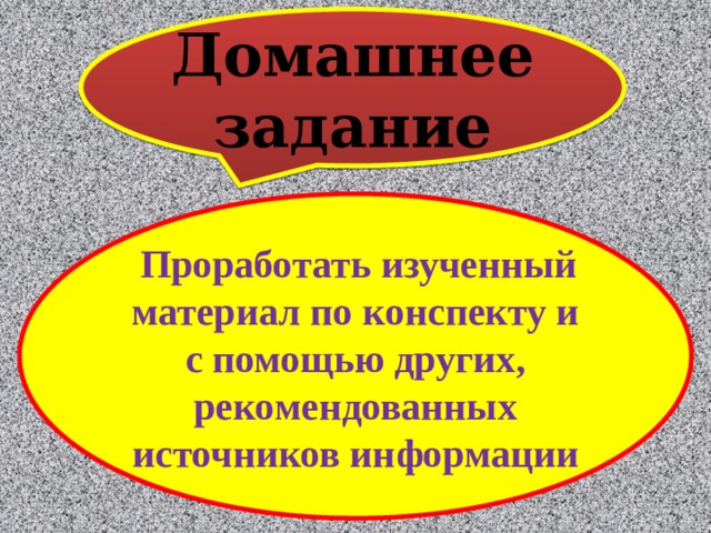 Домашнее задание  Проработать изученный материал по конспекту и с помощью других, рекомендованных источников информации 