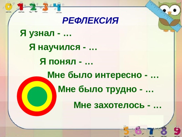РЕФЛЕКСИЯ Я узнал - … Я научился - … Я понял - … Мне было интересно - … Мне было трудно - … Мне захотелось - … 