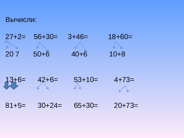 Заменяю   Получаю Удобнее 38 30 + 8 = 30 + 6 + 2= 36 + 2 = 30 + 6 36 + 20 = 30 + 6 + 20 = 50 + 6 = 56 30 + 6 
