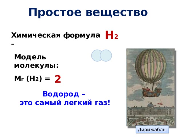 Простое вещество Н 2 Химическая формула – Модель молекулы: 2 M r (Н 2 ) = Водород – это самый легкий газ! Дирижабль 