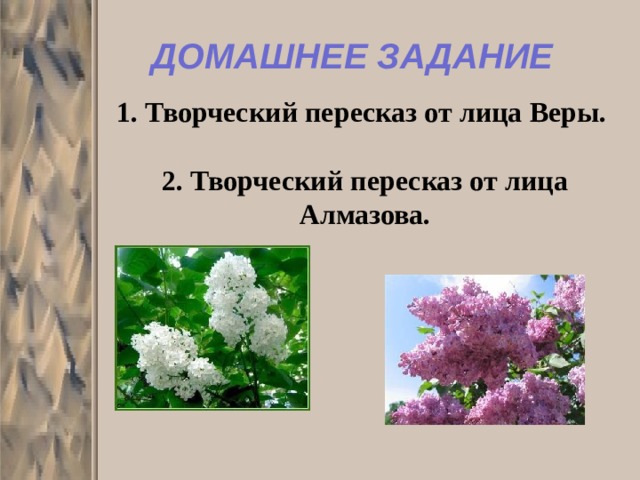 ДОМАШНЕЕ ЗАДАНИЕ 1. Творческий пересказ от лица Веры.  2. Творческий пересказ от лица Алмазова. 