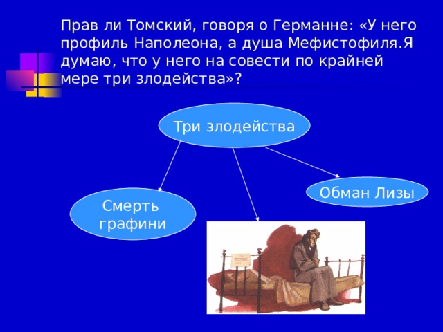 Прав ли Томский, говоря о Германне: «У него профиль Наполеона, а душа Мефистофиля.Я думаю, что у него на совести по крайней мере три злодейства»? Три злодейства Обман Лизы Смерть графини