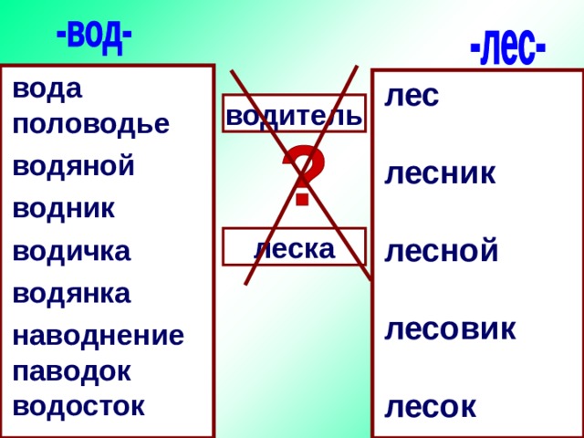 вода половодье водяной водник водичка водянка наводнение паводок водосток лес лесник лесной лесовик лесок перелесок лесничий полесье водитель леска 