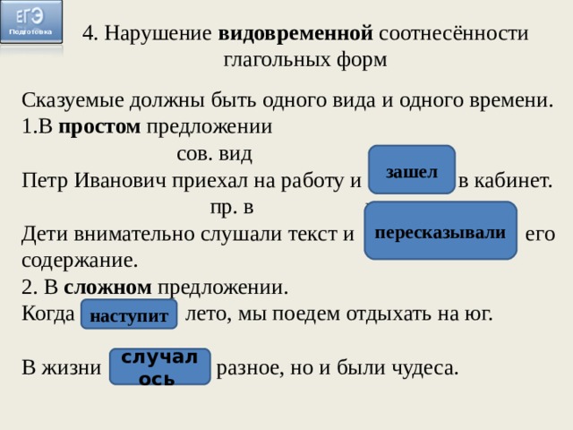 4. Нарушение видовременной соотнесённости глагольных форм Сказуемые должны быть одного вида и одного времени. В простом предложении сов. вид несов. в Петр Иванович приехал на работу и заходил в кабинет. пр. в наст. в Дети внимательно слушали текст и пересказывают его содержание. 2. В сложном предложении. Когда наступает лето, мы поедем отдыхать на юг. В жизни случается разное, но и были чудеса. зашел пересказывали наступит случалось