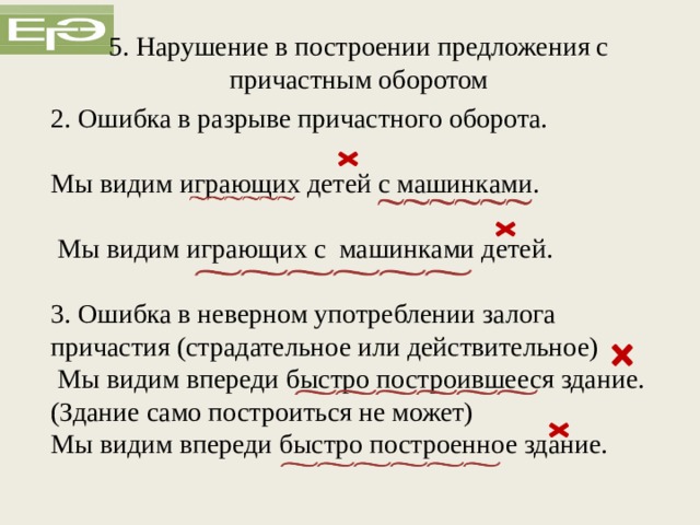 5. Нарушение в построении предложения с причастным оборотом 2. Ошибка в разрыве причастного оборота. Мы видим играющих детей с машинками. Мы видим играющих с машинками детей. 3. Ошибка в неверном употреблении залога причастия (страдательное или действительное) Мы видим впереди быстро построившееся здание. (Здание само построиться не может) Мы видим впереди быстро построенное здание.