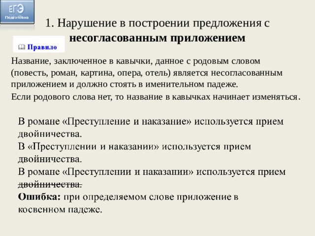 1. Нарушение в построении предложения с несогласованным приложением Название, заключенное в кавычки, данное с родовым словом (повесть, роман, картина, опера, отель) является несогласованным приложением и должно стоять в именительном падеже. Если родового слова нет, то название в кавычках начинает изменяться .