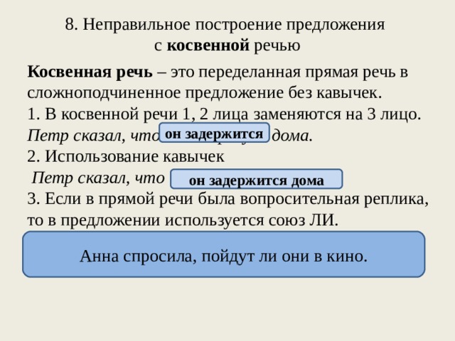 8. Неправильное построение предложения с косвенной речью Косвенная речь – это переделанная прямая речь в сложноподчиненное предложение без кавычек. 1. В косвенной речи 1, 2 лица заменяются на 3 лицо. Петр сказал, что я задержусь дома. 2. Использование кавычек Петр сказал, что «я задержусь дома». 3. Если в прямой речи была вопросительная реплика, то в предложении используется союз ЛИ. Анна спросила, что пойдут они в кино. он задержится он задержится дома Анна спросила, пойдут ли они в кино.