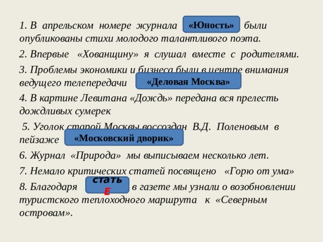 «Юность» 1. В апрельском номере журнала «Юности» были опубликованы стихи молодого талантливого поэта. 2. Впер­вые «Хо­ван­щи­ну» я слу­шал вме­сте с ро­ди­те­ля­ми. 3. Проблемы экономики и бизнеса были в центре внимания ведущего телепередачи «Деловой Москвы». 4. В картине Левитана «Дождь» передана вся прелесть дождливых сумерек 5. Уголок старой Москвы воссоздан В.Д. Поленовым в пейзаже в «Московском дворике». 6. Журнал «Природа» мы выписываем не­сколько лет. 7. Немало критических статей посвящено «Горю от ума» 8. Благодаря статьи в газете мы узнали о возобновлении туристского теплоходного маршрута к «Северным островам». «Деловая Москва» «Московский дворик» стать Е