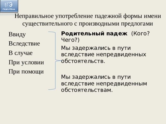 Неправильное употребление падежной формы имени существительного с производными предлогами Ввиду Вследствие В случае При условии При помощи Родительный падеж (Кого? Чего?) Мы задержались в пути вследствие непредвиденных обстоятельств. Мы задержались в пути вследствие непредвиденным обстоятельствам.