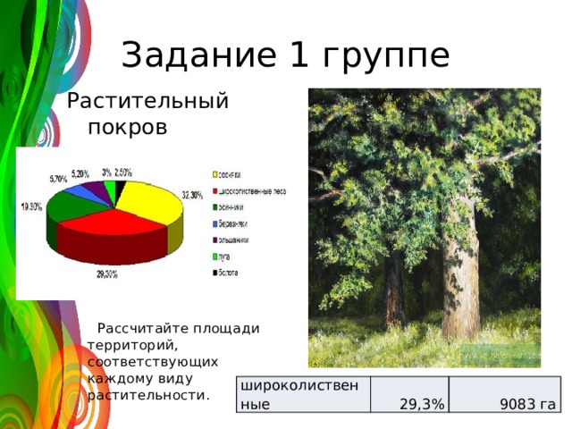 Задание 1 группе Растительный покров заповедника:  Рассчитайте площади территорий, соответствующих каждому виду растительности. широколиственные 29,3% 9083 га 