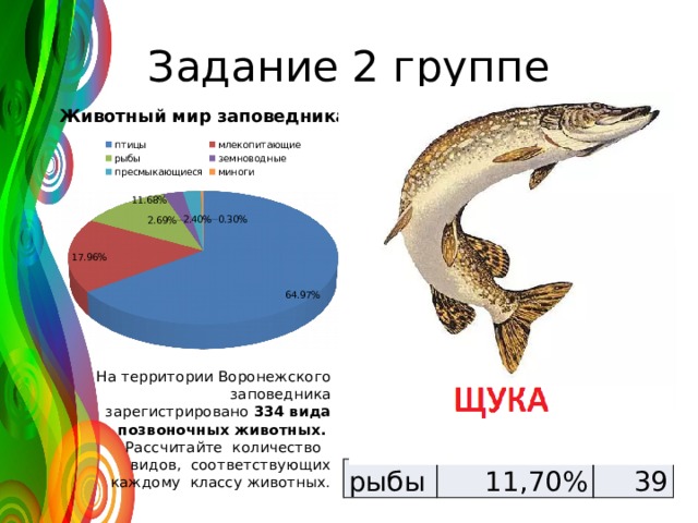 Задание 2 группе На территории Воронежского заповедника зарегистрировано  334 вида позвоночных животных. Рассчитайте количество видов, соответствующих каждому классу животных. рыбы 11,70% 39 