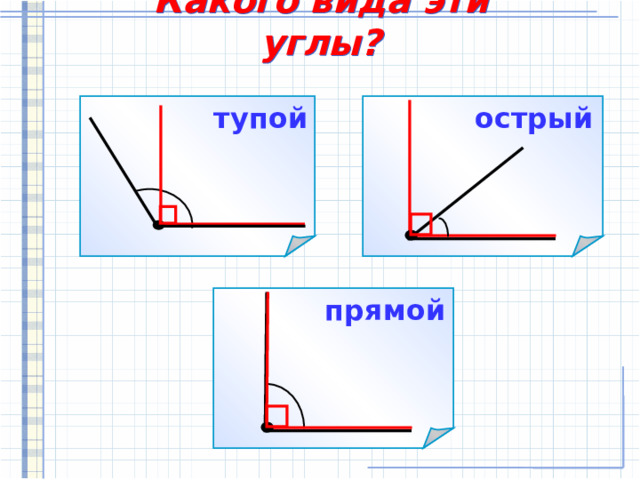 Какого вида эти углы?  острый тупой   прямой 