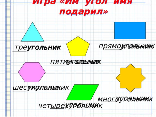 Игра «Им угол имя подарил» прямоугольник ____угольник треугольник ____угольник ____угольник пятиугольник шестиугольник ____угольник ____угольник многоугольник ____угольник четырёхугольник 