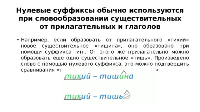 Нулевые суффиксы обычно используются при словообразовании существительных от прилагательных и глаголов Например, если образовать от прилагательного «тихий» новое существительное «тишина», оно образовано при помощи суффикса -ин-. От этого же прилагательно можно образовать ещё одно существительное «тишь». Произведено слово с помощью нулевого суффикса, это можно подтвердить сравнивания «тишь» с существительным «тишина» 