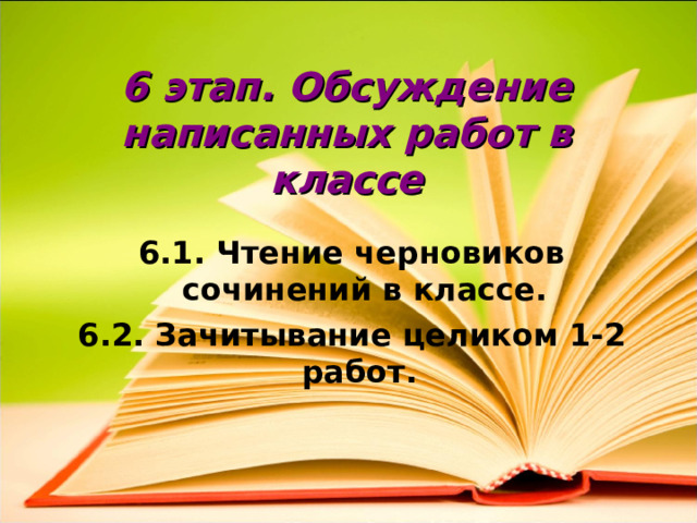 6 этап. Обсуждение написанных работ в классе 6.1. Чтение черновиков сочинений в классе. 6.2. Зачитывание целиком 1-2 работ.  