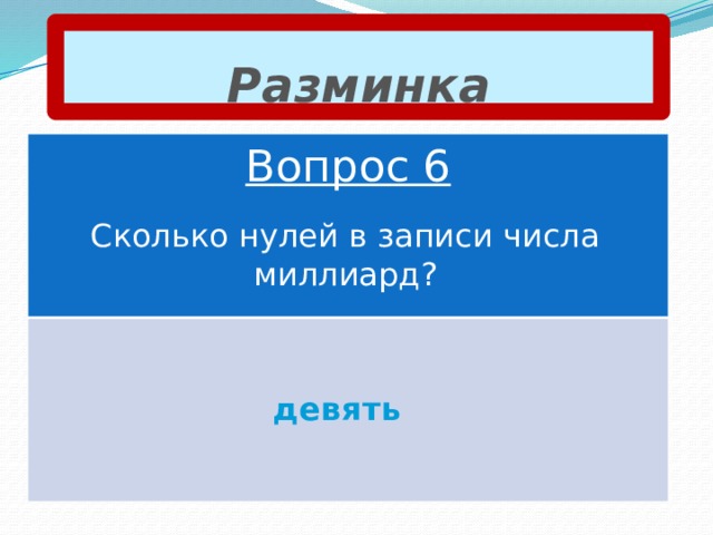 Разминка Вопрос 6 Сколько нулей в записи числа миллиард? девять 