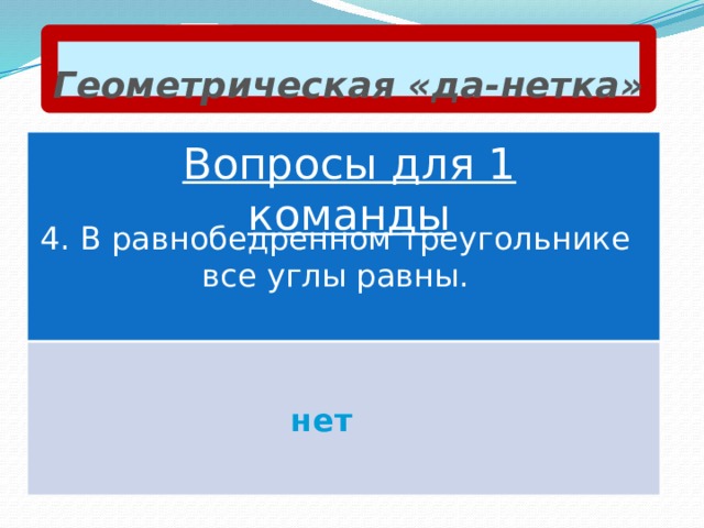 Геометрическая «да-нетка» Вопросы для 1 команды 4. В равнобедренном треугольнике все углы равны. нет 