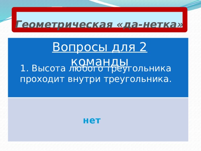 Геометрическая «да-нетка» Вопросы для 2 команды 1. Высота любого треугольника проходит внутри треугольника. нет 
