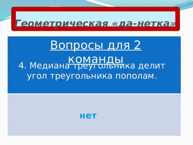 Геометрическая «да-нетка» Вопросы для 2 команды 4. Медиана треугольника делит угол треугольника пополам. нет 