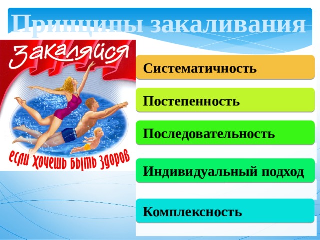 Принципы закаливания Систематичность Постепенность Последовательность Индивидуальный подход Комплексность 