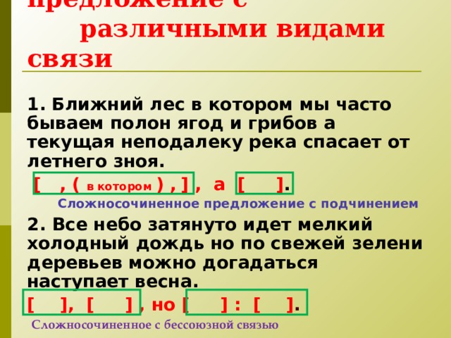 3 сложных предложения с различными видами связи