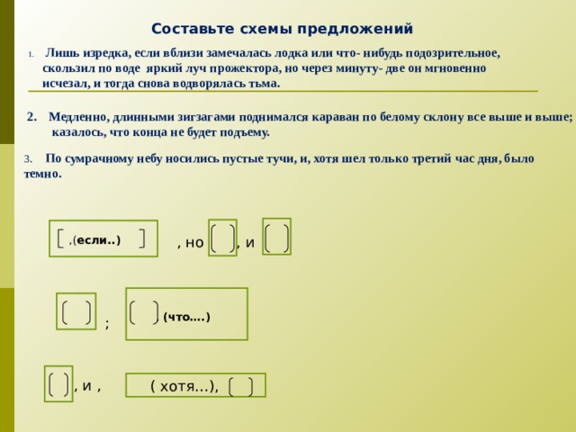  Составьте схемы предложений  Лишь изредка, если вблизи замечалась лодка или что- нибудь подозрительное, скользил по воде яркий луч прожектора, но через минуту- две он мгновенно исчезал, и тогда снова водворялась тьма. Медленно, длинными зигзагами поднимался караван по белому склону все выше и выше;  казалось, что конца не будет подъему.  3 . По сумрачному небу носились пустые тучи, и, хотя шел только третий час дня, было темно.   ,( если..) , но , и  , (что….)  ;  , и ,  ( хотя…), 