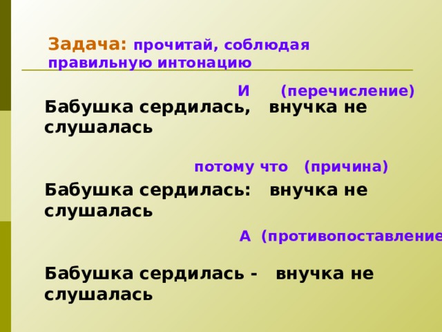 Задача: прочитай, соблюдая правильную интонацию  И (перечисление) Бабушка сердилась, внучка не слушалась  Бабушка сердилась: внучка не слушалась  Бабушка сердилась - внучка не слушалась   потому что (причина) А (противопоставление) 