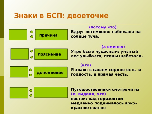 Знаки в БСП: двоеточие   (потому что) Вдруг потемнело: набежала на солнце туча.    (а именно) Утро было чудесным: умытый лес улыбался, птицы щебетали.   (что) Я знаю: в вашем сердце есть и гордость, и прямая честь.   Путешественники смотрели на (и видели, что) восток: над горизонтом медленно поднималось ярко-красное солнце  причина пояснение дополнение 
