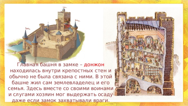 Главная башня в замке – донжон находилась внутри крепостных стен и обычно не была связана с ними. В этой башне жил сам землевладелец и его семья. Здесь вместе со своими воинами и слугами хозяин мог выдержать осаду даже если замок захватывали враги. 