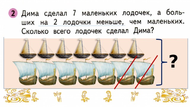 Меньше ответ. Дима сделал 7маленьких лрдочек. Дима сделал 7 лодочек. Дима сделал 7 маленьких лодочек а больших на 2 лодочки. Дима сделал 7 маленьких лодочек а больших на 2 меньше чем маленьких.