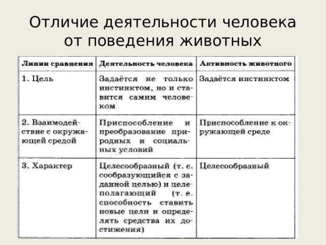Отличие деятельности человека от поведения животных 