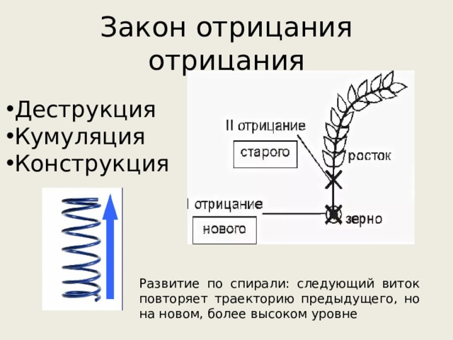 Закон отрицания отрицания Деструкция Кумуляция Конструкция Развитие по спирали: следующий виток повторяет траекторию предыдущего, но на новом, более высоком уровне 