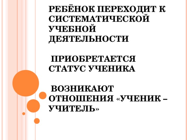      РЕБЁНОК ПЕРЕХОДИТ К СИСТЕМАТИЧЕСКОЙ УЧЕБНОЙ ДЕЯТЕЛЬНОСТИ    ПРИОБРЕТАЕТСЯ СТАТУС УЧЕНИКА   ВОЗНИКАЮТ ОТНОШЕНИЯ «УЧЕНИК – УЧИТЕЛЬ»   