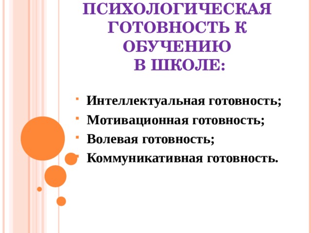 ПСИХОЛОГИЧЕСКАЯ ГОТОВНОСТЬ К ОБУЧЕНИЮ  В ШКОЛЕ:  Интеллектуальная готовность;  Мотивационная готовность;  Волевая готовность;  Коммуникативная готовность. 