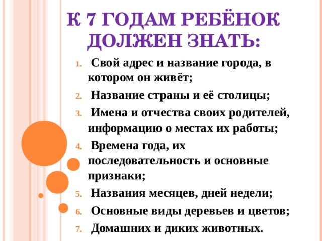 К 7 ГОДАМ РЕБЁНОК ДОЛЖЕН ЗНАТЬ:  Свой адрес и название города, в котором он живёт;  Название страны и её столицы;  Имена и отчества своих родителей, информацию о местах их работы;  Времена года, их последовательность и основные признаки;  Названия месяцев, дней недели;  Основные виды деревьев и цветов;  Домашних и диких животных. 