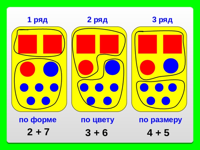 2 ряд 3 ряд 1 ряд по размеру по цвету по форме 2 + 7 3 + 6 4 + 5 
