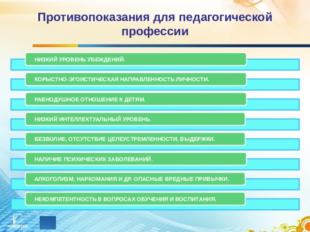 Противопоказания для педагогической профессии НИЗКИЙ УРОВЕНЬ УБЕЖДЕНИЙ. КОРЫСТНО-ЭГОИСТИЧЕСКАЯ НАПРАВЛЕННОСТЬ ЛИЧНОСТИ. РАВНОДУШНОЕ ОТНОШЕНИЕ К ДЕТЯМ. НИЗКИЙ ИНТЕЛЛЕКТУАЛЬНЫЙ УРОВЕНЬ . БЕЗВОЛИЕ, ОТСУТСТВИЕ ЦЕЛЕУСТРЕМЛЕННОСТИ, ВЫДЕРЖКИ. НАЛИЧИЕ ПСИХИЧЕСКИХ ЗАБОЛЕВАНИЙ. АЛКОГОЛИЗМ, НАРКОМАНИЯ И ДР. ОПАСНЫЕ ВРЕДНЫЕ ПРИВЫЧКИ. НЕКОМПЕТЕНТНОСТЬ В ВОПРОСАХ ОБУЧЕНИЯ И ВОСПИТАНИЯ. 