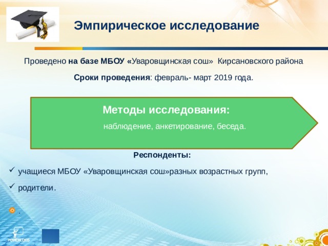 Эмпирическое исследование Проведено на базе МБОУ « Уваровщинская сош» Кирсановского района Сроки проведения : февраль- март 2019 года. Респонденты:  учащиеся МБОУ «Уваровщинская сош»разных возрастных групп, родители. . Методы исследования:  наблюдение, анкетирование, беседа.  